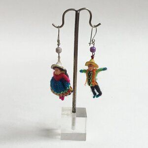 Vintage Figural Peruvian Doll Couple Dangle Pierced Earrings